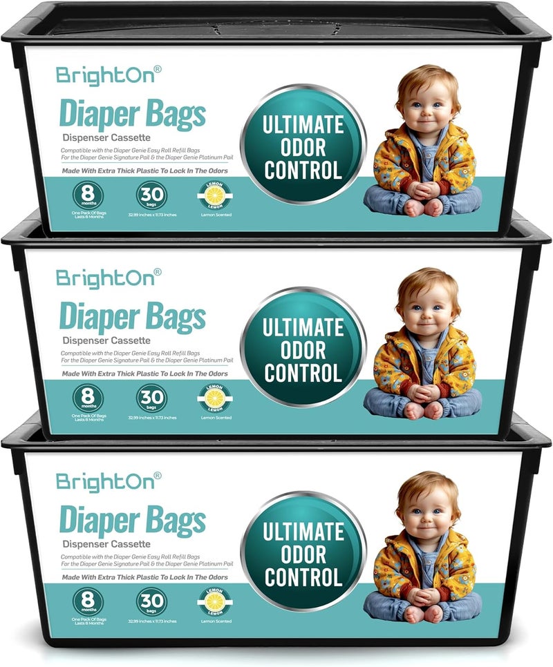 Brighton Diaper Pail Refill Bags Compatible with Genie Easy Roll Signature Diaper Pails, 3-Pack (90 Bags) (Lemon Scented) - Image 1